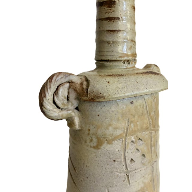 1970s Signed 1970s Mid Century Brutalist Abstract Ceramic Bottle Neck Vase / X-Large Sculptural Modernist Art Studio Pottery Vessel For Sale - Image 5 of 13