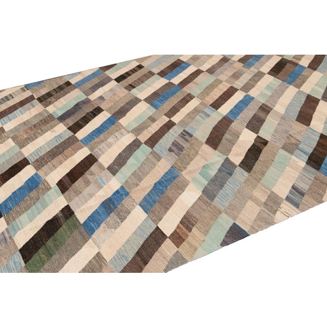 2010s Contemporary Kilim Flatweave Multicolor Geometric Abstract Wool Rug For Sale - Image 5 of 9