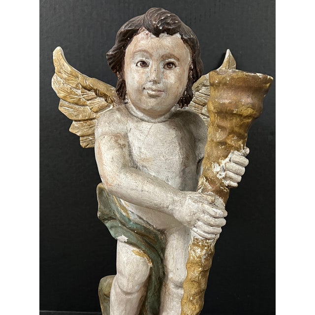 Vintage Carved Wood Standing Angel Sculpture With Glass Eyes For Sale - Image 4 of 9