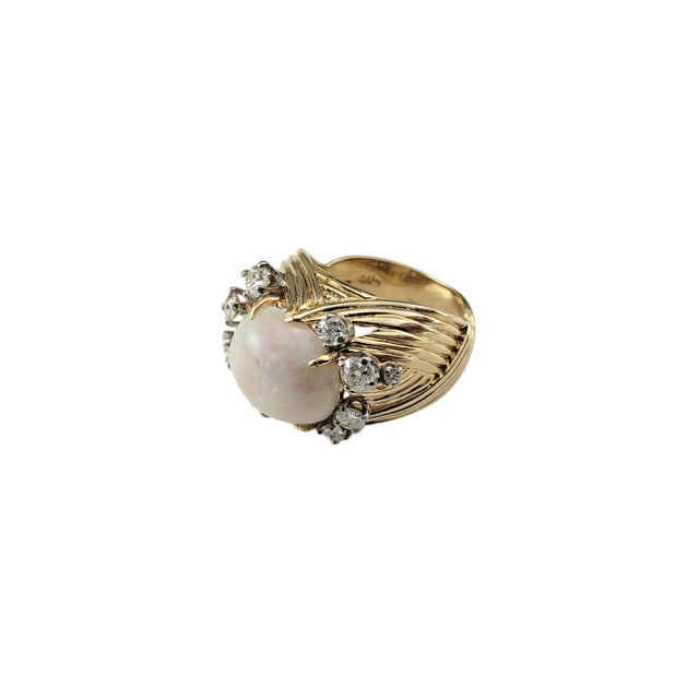 Late 20th Century 14 Karat Yellow Gold Opal and Diamond Ring, Size 5.5 For Sale - Image 4 of 8