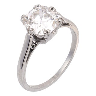 1930s French Art Deco Gia 2.34 Carat Old Mine Cut Diamond Platinum Engagement Ring, Size 6.25 For Sale