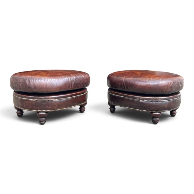 Vintage Oval Brown Leather Ottomans With Brass Nailhead Trim – A Pair For Sale In Los Angeles - Image 6 of 7