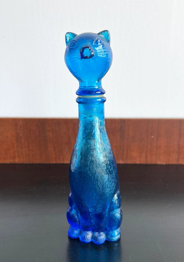 Vintage Blue Empoli Italian Blue Glass Cat Decanter Bottle | Chairish