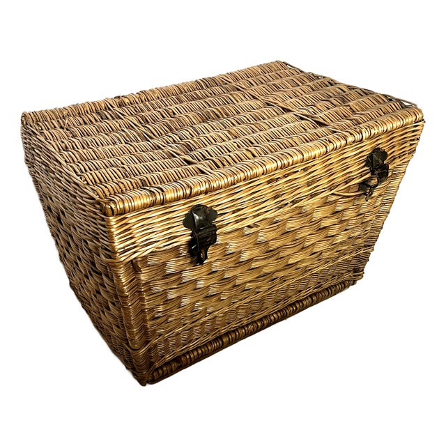 1930s French Woven Wicker Travel Trunk W/Metal Hardware For Sale