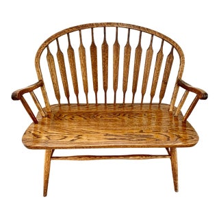 Americana 1970s Oak Windsor Settee Farmhouse Bench For Sale