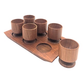 1960's Danish Teak Wood Egg Cup or Schnapps Goblets With Tray, Set of 7 Pieces For Sale