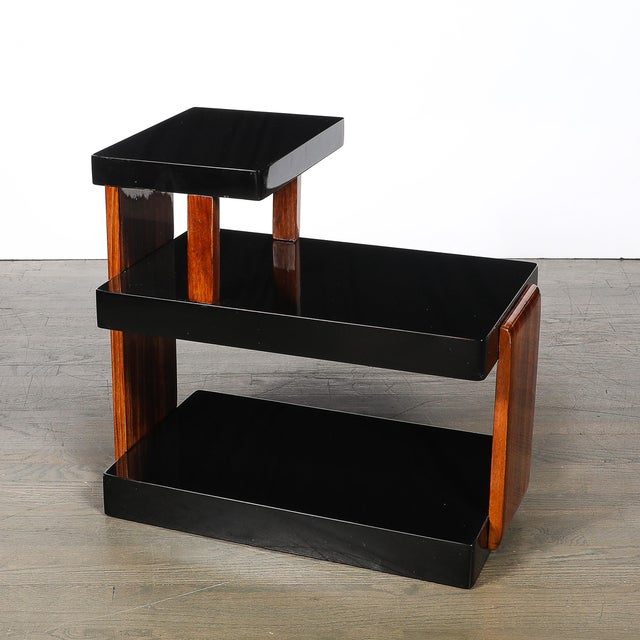 Art Deco Machine Age Three-Tier Black Lacquer & Walnut Side Table For Sale - Image 12 of 14