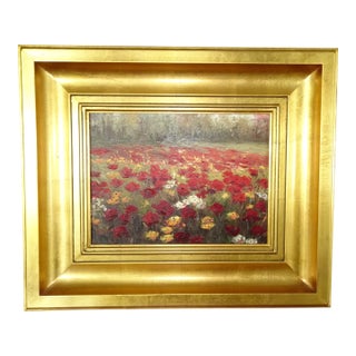 Vintage Oil on Canvas Red Field of Flowers Painting Picture in Gold Frame For Sale