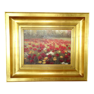 Vintage Oil on Canvas Red Field of Flowers Painting Picture in Gold Frame