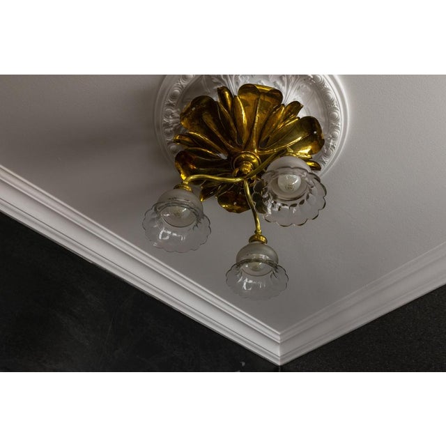 French Art Nouveau Brass and Glass Three-Light Flush Mount Ceiling Light, 1920 For Sale - Image 4 of 18