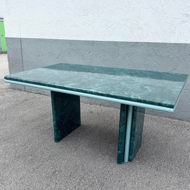 1980s Postmodern Sky Blue and Faux Green Marble Laminate Dining Table For Sale - Image 5 of 12