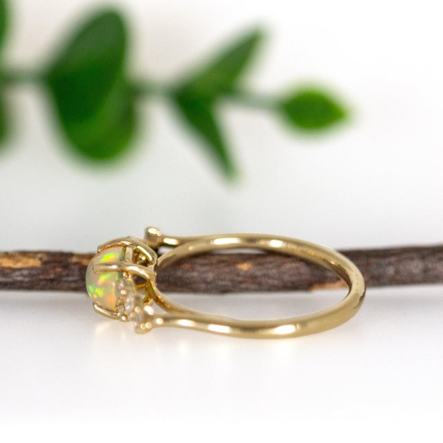 Metal East West Opal Ring W Earth Mined Diamonds in Solid 14k Yellow Gold | Oval 8x6mm For Sale - Image 7 of 18