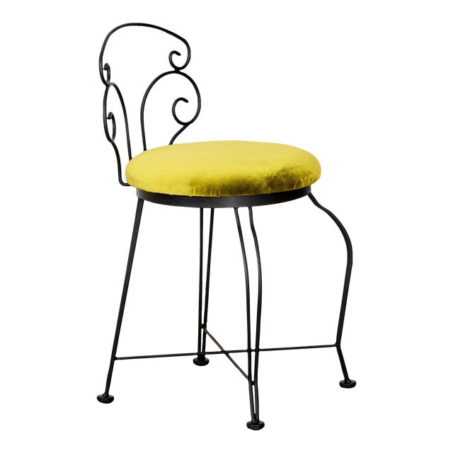 1950’s Italian Wrought Iron Vanity Chair Upholstered in Emerald Green Loro Piana Silk Velvet