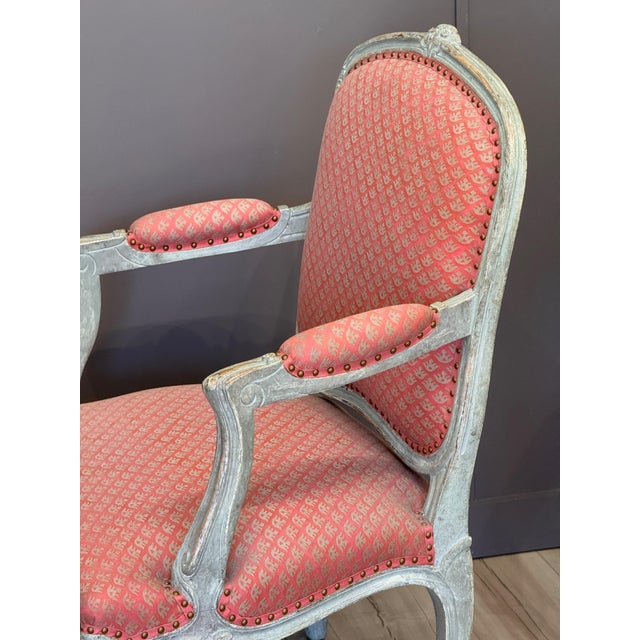 Pair of Late 18th C. French Fauteuils in Fortuny Fabric For Sale - Image 10 of 14