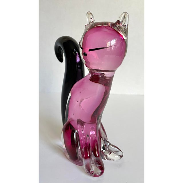 Murano Italian Venetian Murano Art Glass Pink and Black Cat For Sale - Image 4 of 10