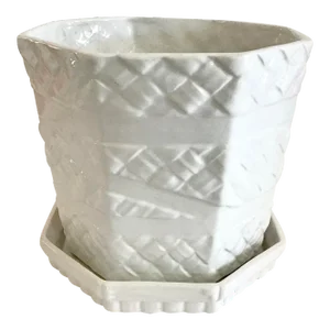 Large Hexagonal White Cachepot With Plate