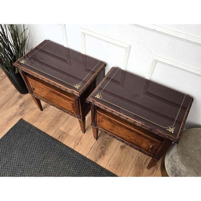 Metal Mid-Century Italian Art Deco Style Nightstands in Walnut with Glass Tops, 1950s, Set of 2 For Sale - Image 7 of 12