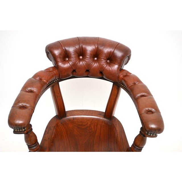 Antique Victorian Oak and Leather Swivel Desk Chair attributed to James Shoolbred, 1880 For Sale - Image 6 of 9