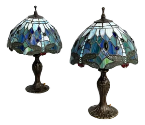 Italian Art Nouveau Style Table Lamps in Colored Glass and Brass, 1980s, Set of 2