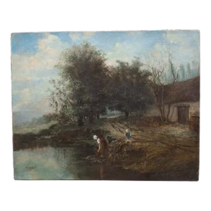 19th C. Albert Lenfant French Country Landscape Oil Painting C.1874
