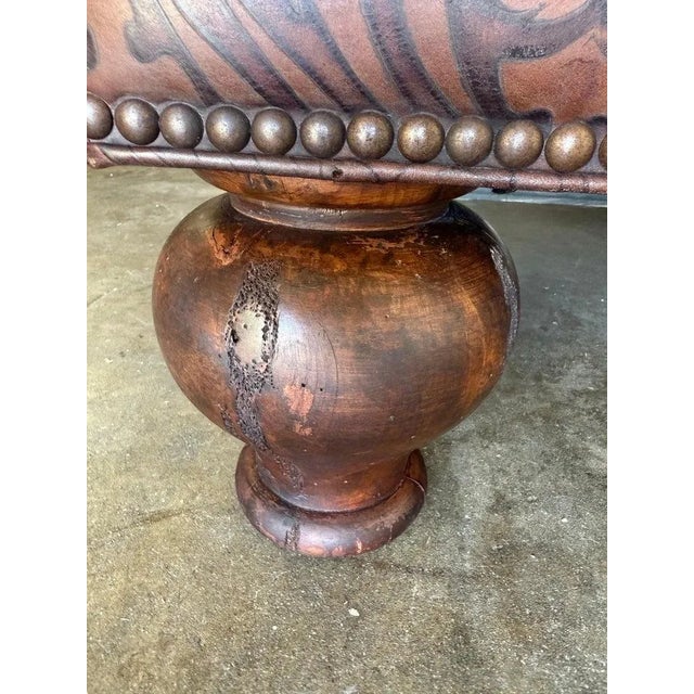 Spanish Colonial Style Embossed Leather Ottoman With Bun Feet For Sale - Image 11 of 12