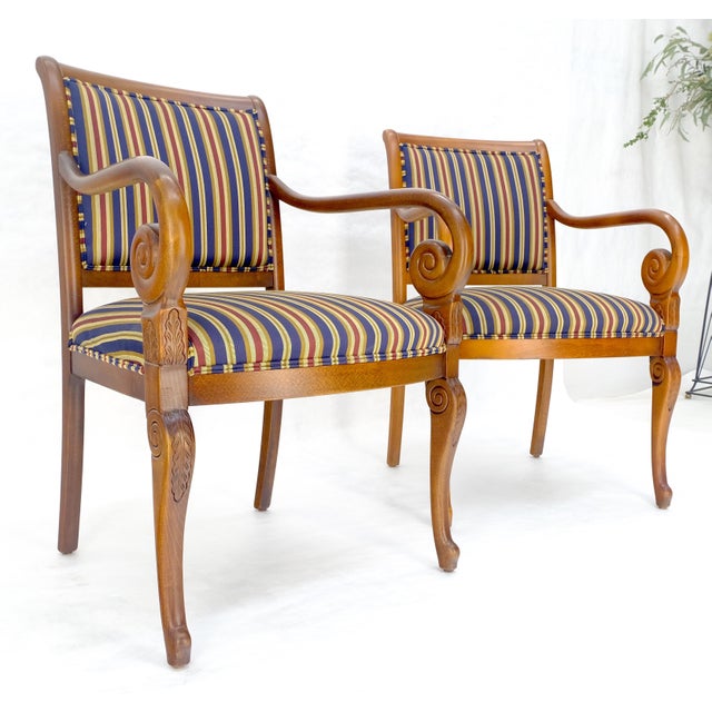 Pair of Regency Style Carved Open Arm Fireside Lounge Chairs Stripe Upholstery For Sale - Image 6 of 18