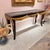 Art Deco Vintage Dark Wood Console Table With Gold Gilt Draped Valance Detail For Sale - Image 3 of 11