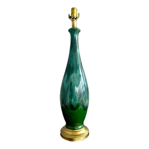 1960s Large Mid-Century Modern Drip Glaze Ceramic Table Lamp Green & Blue, Brass Base