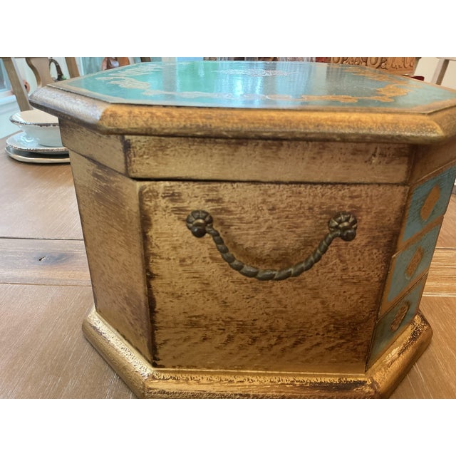 Mid 20th Century Italian Florentine Style Teal & Gold Gilt Jewelry Chest - Made in Japan For Sale - Image 4 of 8