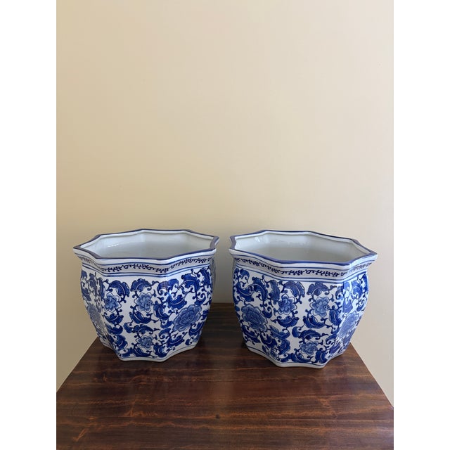 Chinoiserie Chinoiserie Large Blue and White Porcelain Planters, Pair For Sale - Image 3 of 5