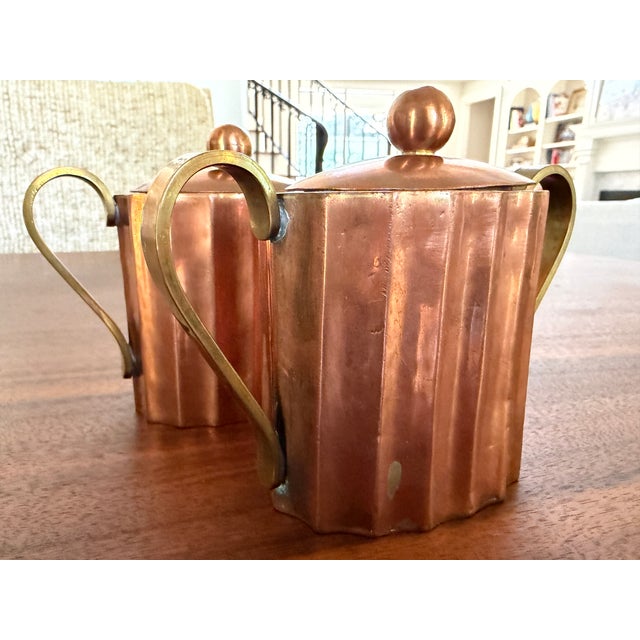 1960s Handcrafted Mid-Century Modern Copper Coffee Service Artisan Studio Brass & Wood Sculptural Design - Set of 3 For Sale - Image 11 of 18
