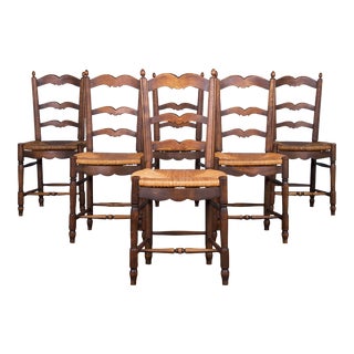 Antique Country French Provincial Ladder Back Maple Dining Chairs W/ Rush Seats - Set of 6 For Sale