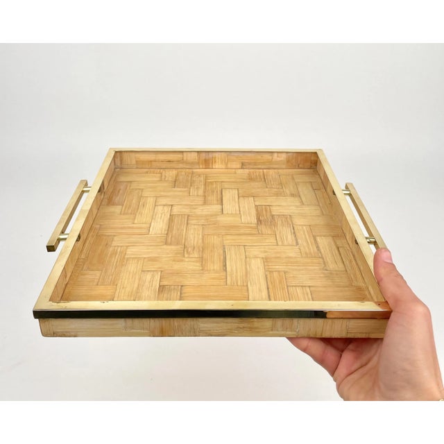 Rattan & Brass Serving Tray by Tommaso Barbi, Italy, 1970s For Sale - Image 8 of 10
