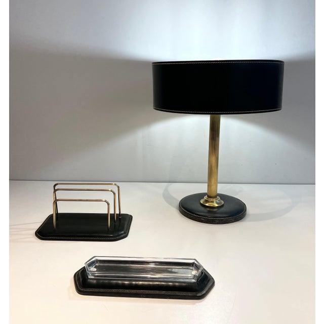 Metal 1950 Cellar Quilted Leather Desk Set. French Works in the Style of Jacques Adnet - Set of 3 For Sale - Image 7 of 12