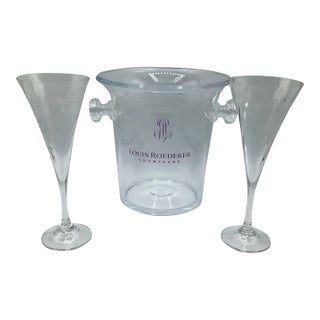Louis Roederer Lucite Champagne Cooler Bucket With 2 Orrefors Toasting Flutes- Group of 3 For Sale