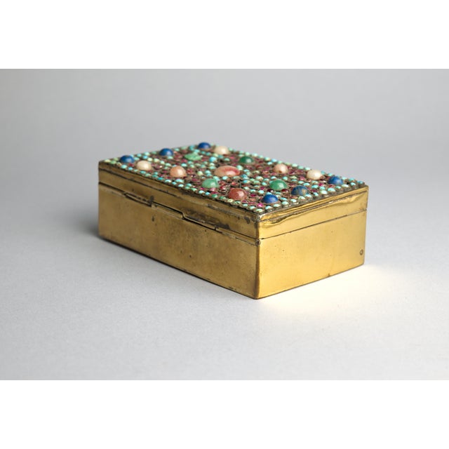 Mid 20th Century Nepalese Style Brass Jewelry Box With Turquoise, Lapis Lazuli & Chalcedony Inlay For Sale In Portland, OR - Image 6 of 10