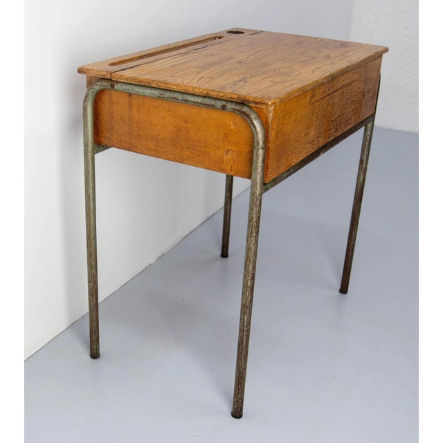 1950s Mid 20th Century Student Oak & Iron Writing Table Slant Top Desk, France, 1950s For Sale - Image 5 of 12
