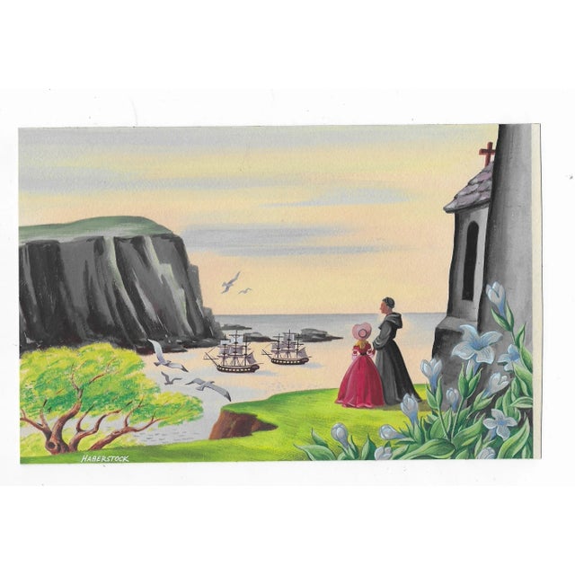 1950s painting on cardstock of a priest and a little girl watching ships sailing. This is an illustration from a books or...
