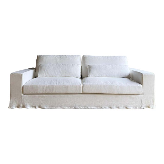Custom Made White Belgian Linen Slipcover Sofa With Down Cushions For Sale