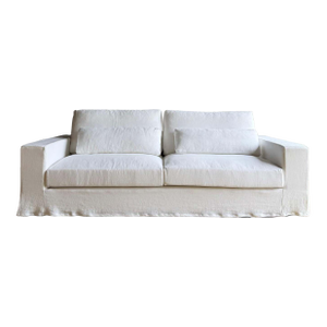 Custom Made White Belgian Linen Slipcover Sofa With Down Cushions