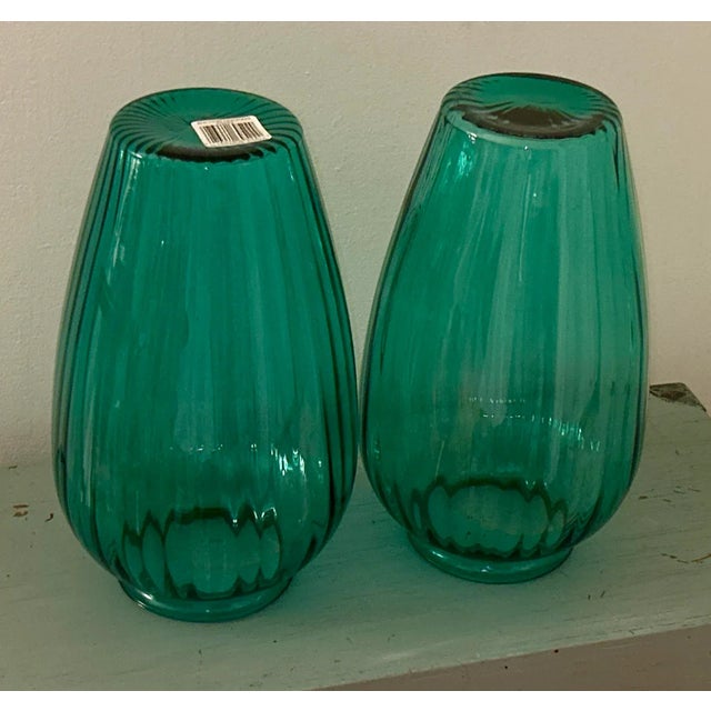 Glass Anchor Hocking Teal Green Glass Vases - A Pair For Sale - Image 7 of 10