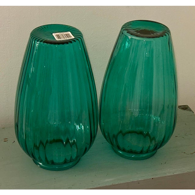 Glass Vintage Anchor Hocking Teal Green Glass Vases - A Pair For Sale - Image 7 of 10