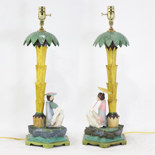 Chinoiserie Vintage Hand-Painted Chinoiserie Tole Palm Tree and Figurine Table Lamps - a Pair For Sale - Image 3 of 13