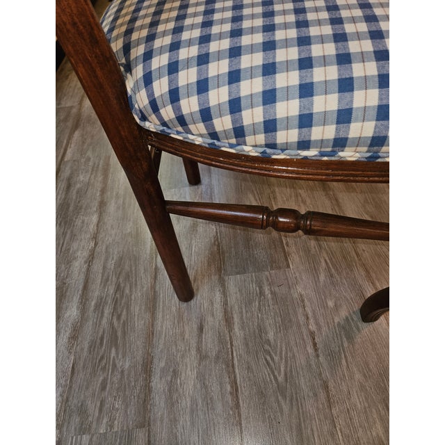 Handsome Tall Back Country Walnit French Side Chair Upolstered in Piped Blue and White Check For Sale - Image 4 of 4