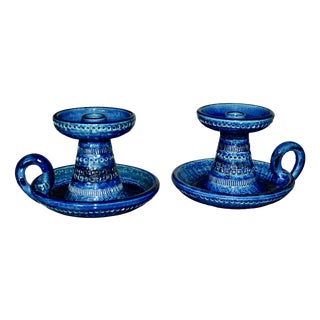 Rimini Blue Ceramic Candlesticks by Aldo Londi for Bitossi, Italy, 1960, Set of 2 For Sale