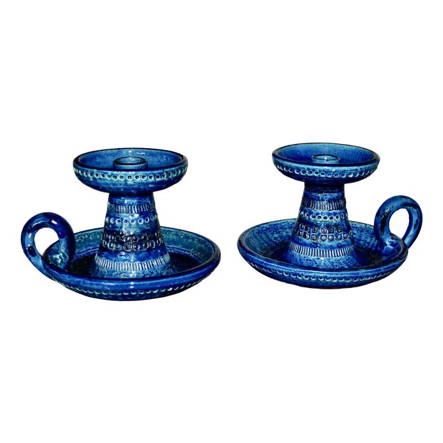 Rimini Blue Ceramic Candlesticks by Aldo Londi for Bitossi, Italy, 1960, Set of 2 For Sale
