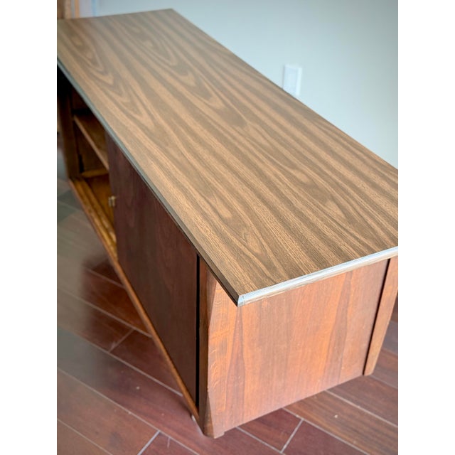 Vintage American Mid Century Modern Walnut Credenza, Sliding Door Sideboard, Media Console, Tv Stand & Record Cabinet For Sale - Image 9 of 11