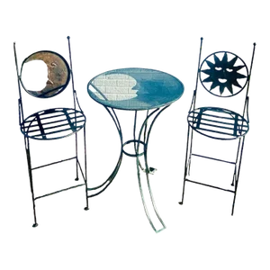 1990s Art Deco Mexican Wrought Iron Celestial Moon and Sun Table & 2 Barstools