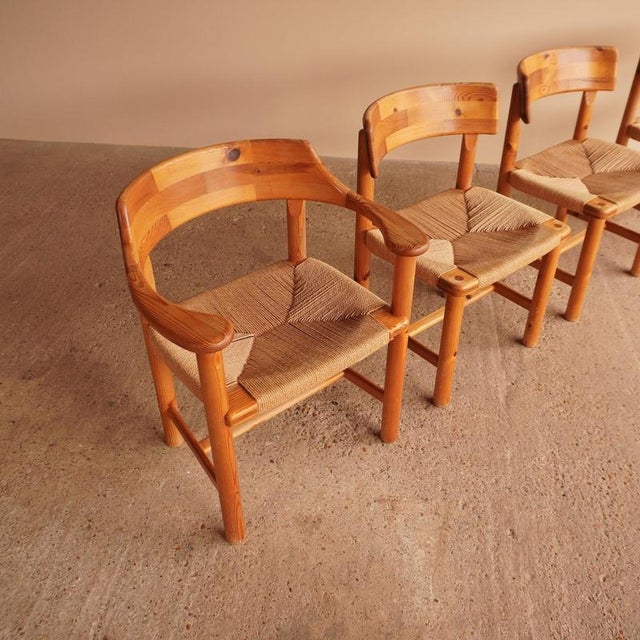 Dining chairs designed by Rainer Daumiller and produced by Hirtshals Savværk, Denmark 1970s. Sculpted solid pine frames...