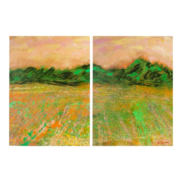 Signed 1980s “E” Abstract Acrylic Landscape Diptych by Harry Hilson For Sale